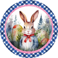 Easter Bunny Blue Plaid- Round Metal Wreath Sign 6