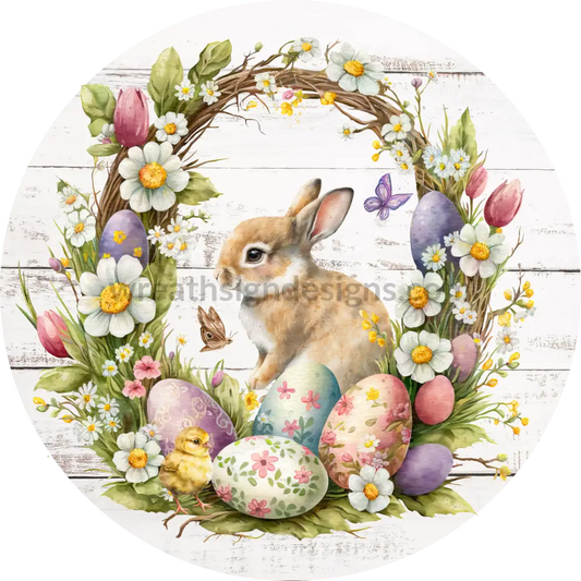 Easter Bunny Eggs And Florals- Round Metal Wreath Sign 8