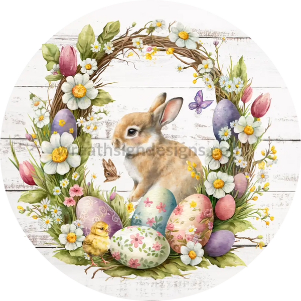 Easter Bunny Eggs And Florals- Round Metal Wreath Sign 8
