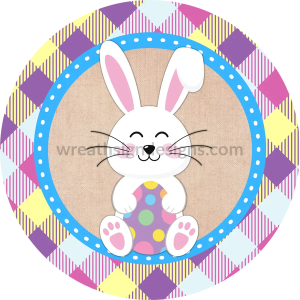 Easter Bunny With Egg Spring Plaid- Metal Wreath Sign 8