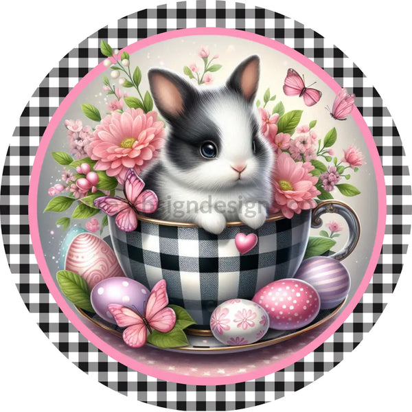 Easter Teacup Bunny- Round Metal Wreath Sign 6