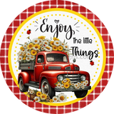 Enjoy The Little Things Daisy And Ladybug Vintage Truck Metal Wreath Sign 10’