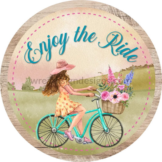 Enjoy The Ride Girl On Teal Bicycle- Metal Wreath Sign 6