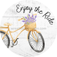Enjoy The Ride Yellow Bicycle With Lavender Floral Metal Sign 8 Circle