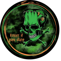 Enter If You Dare-Green Frankie Skull- Halloween- Round Metal Wreath Sign 8 Circle
