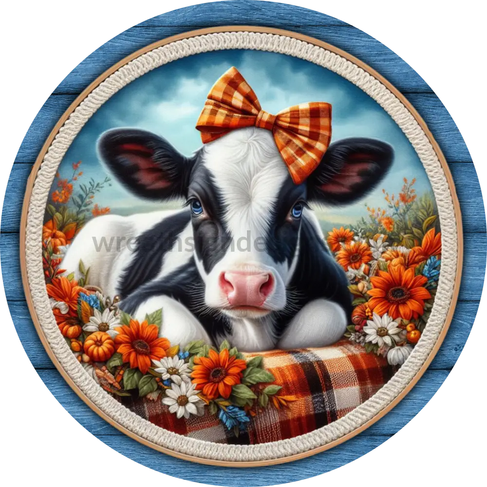 Fall Cow Wreath Sign With Blue And Orange Metal Fall Wreath Sign