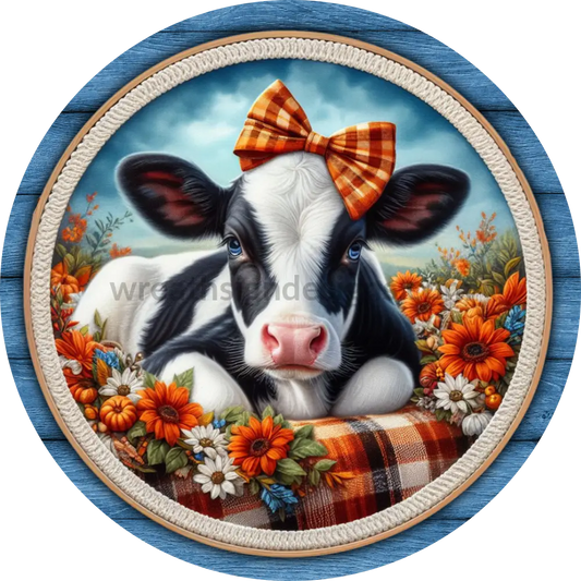 Fall Cow Wreath Sign With Blue And Orange Metal Fall Wreath Sign