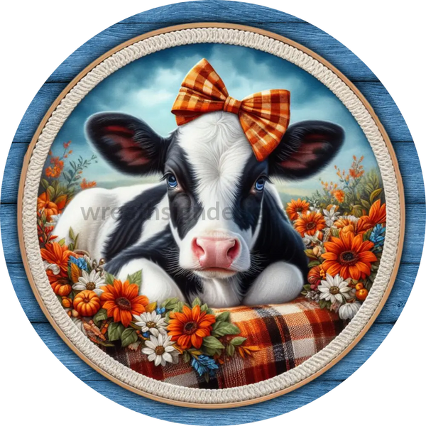 Fall Cow Wreath Sign With Blue And Orange Metal Fall Wreath Sign