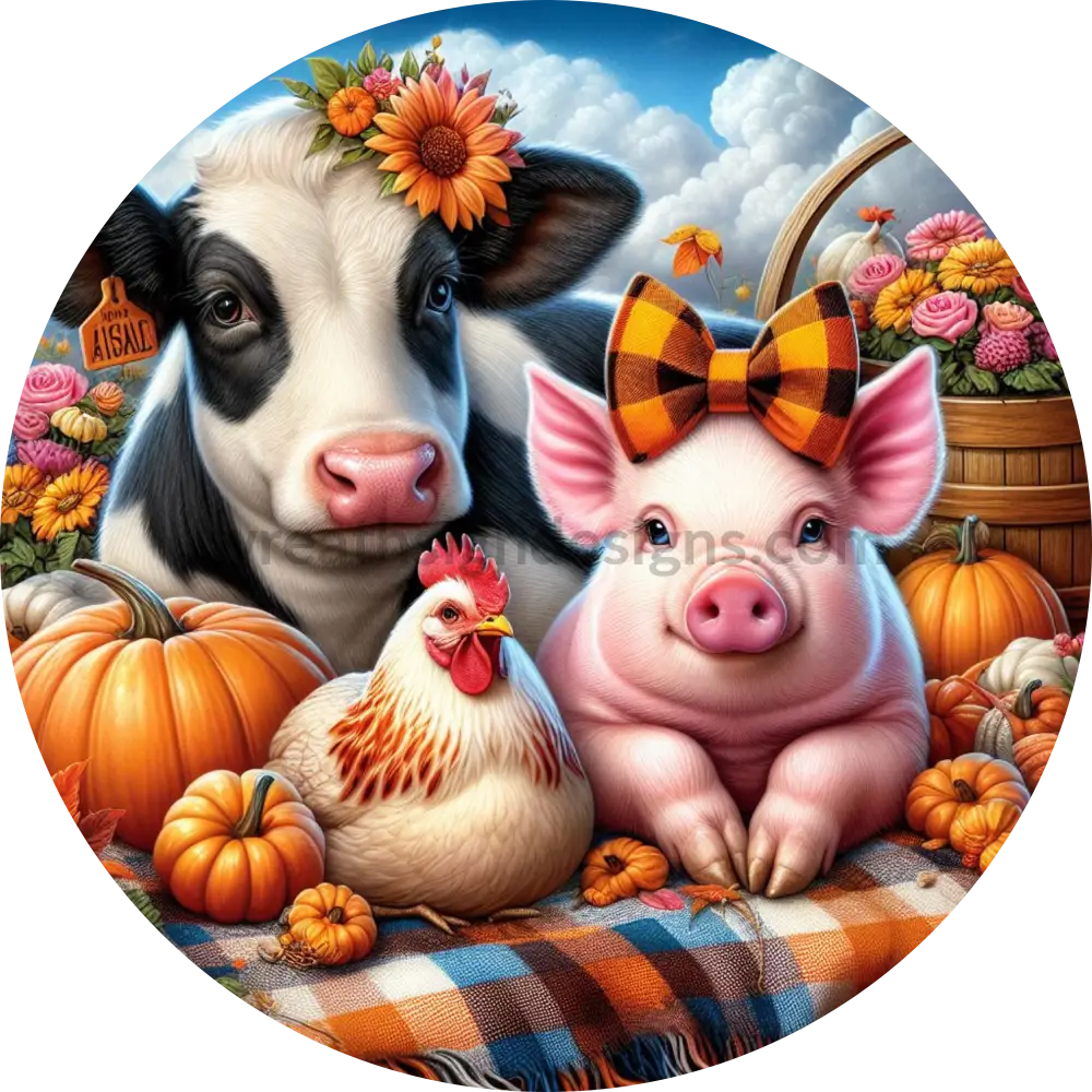 Fall Farm Animals Cow Pig And Chicken Metal Fall Wreath Sign 6’