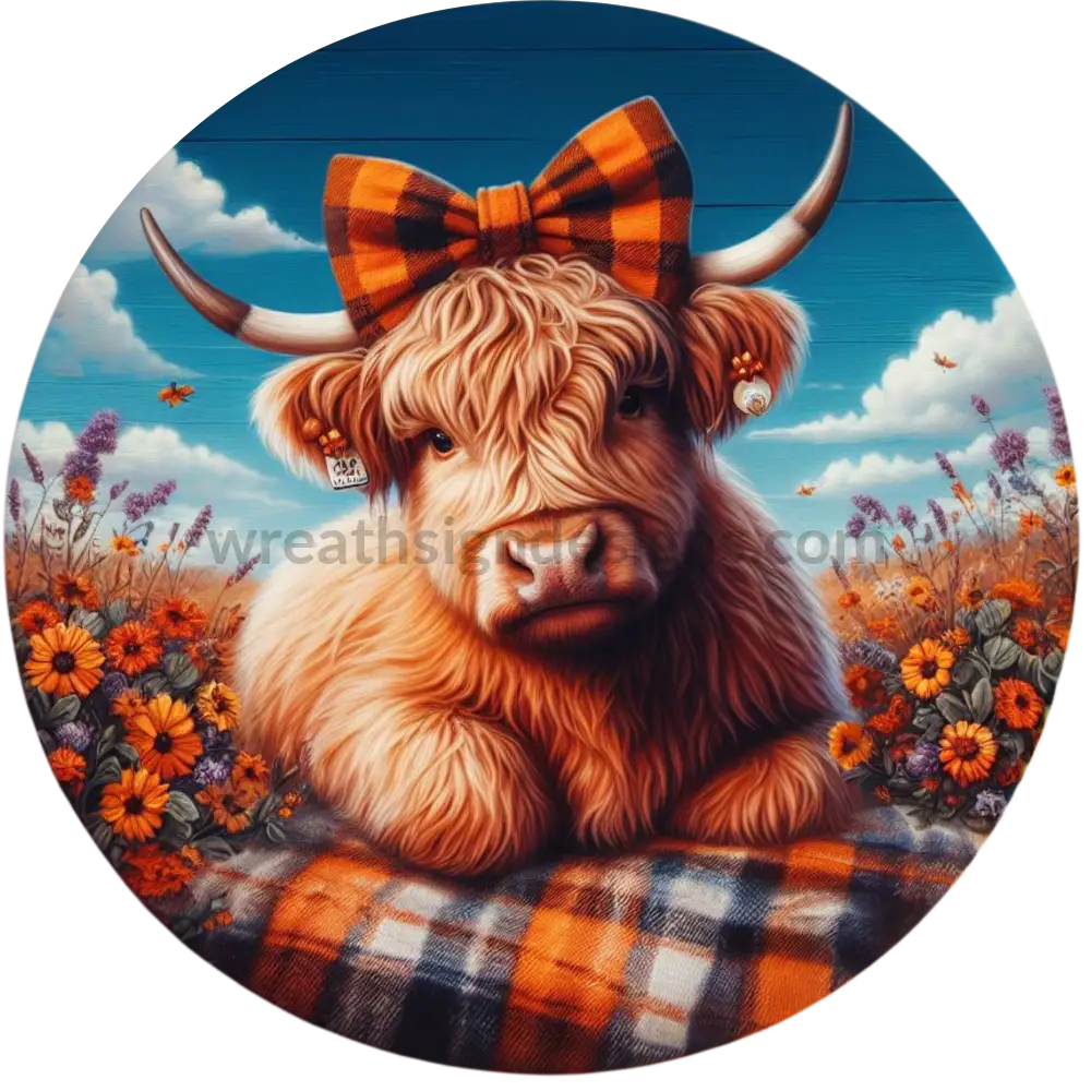 Fall Highland Cow Blue And Orange Metal Fall Wreath Sign 6’