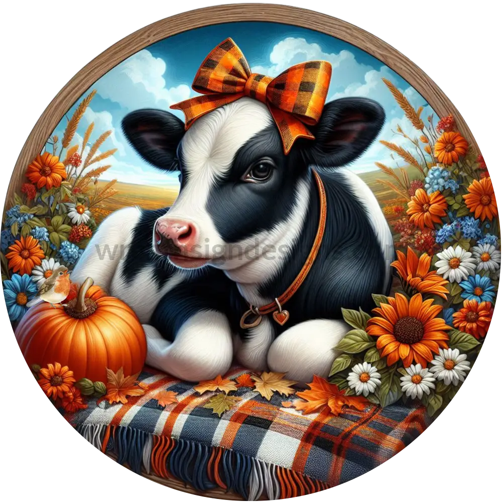 Fall Pumpkin Cow With Daisies Metal Wreath Sign 6’