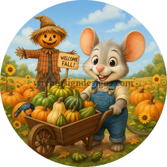 Fall Pumpkin Mouse & Scarecrow round metal wreath sign MS-1248