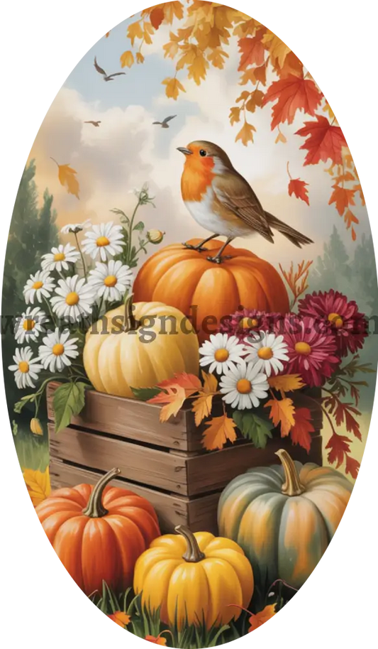 Fall Pumpkins and Robin Oval Fall Wreath Sign MS-1403 12x6 metal sign