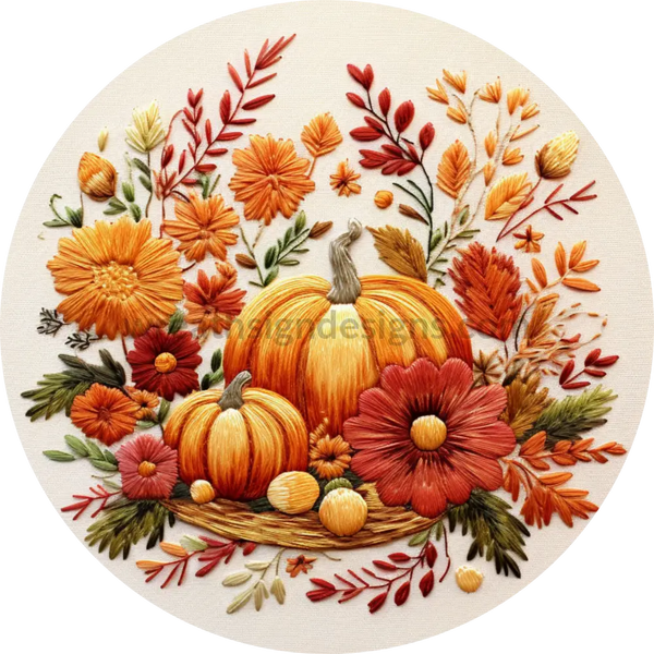 Fall Pumpkins Faux Embroidery Round Metal Wreath Sign 6