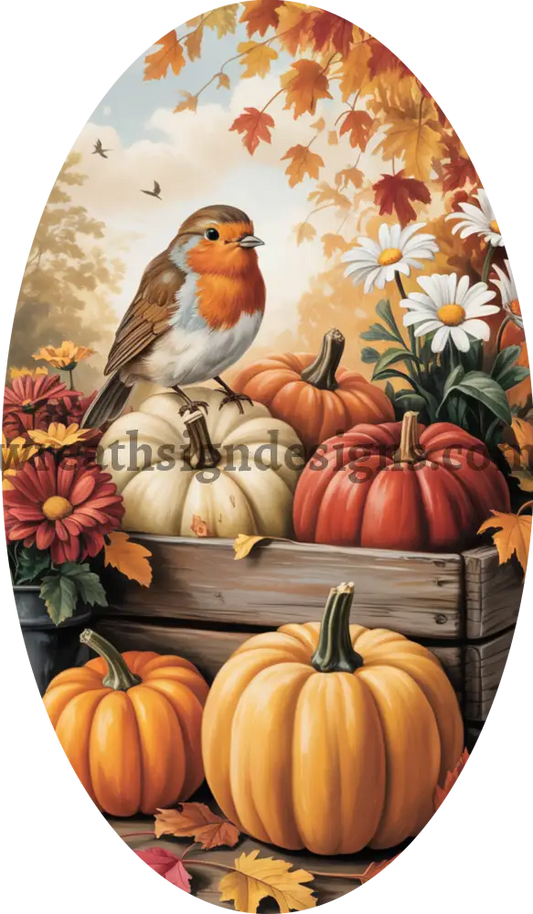Fall Robin with Pumpkins Oval Fall Wreath Sign MS-1404 12x6 metal sign