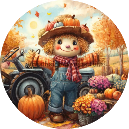 Fall Scarecrow and Tractor - Metal Fall Wreath Sign MS-1576