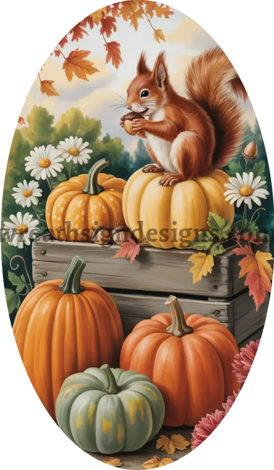 Fall squirrel and pumpkins Oval Metal Wreath Sign MS-1405 12x6 metal sign