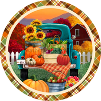 Fall Vintage Truck And Pumpkins Round Metal Wreath Sign 8