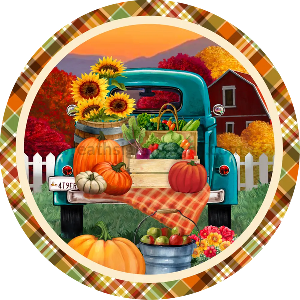 Fall Vintage Truck And Pumpkins Round Metal Wreath Sign 8