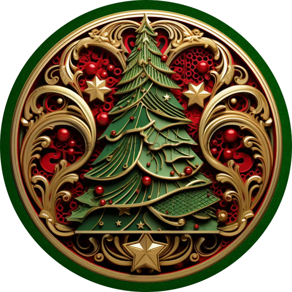 Faux 3D Christmas Tree Red And Green Round Wreath Sign 6