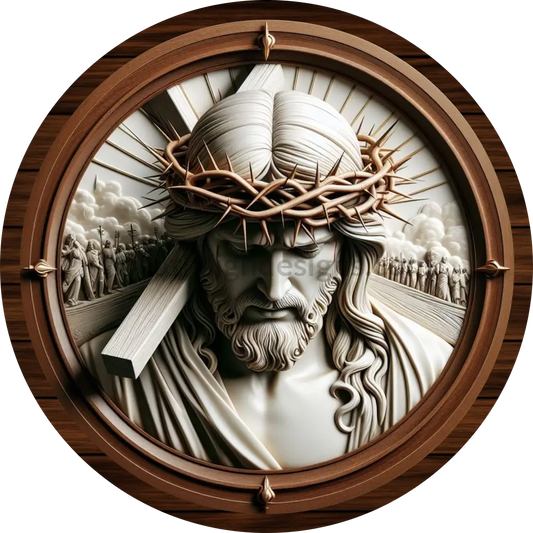 Faux 3D Jesus Crown Of Thorns Carrying The Cross With Lilies Easter Metal Wreath Sign 6