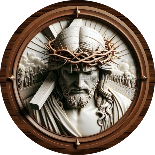 Faux 3D Jesus Crown Of Thorns Carrying The Cross With Lilies Easter Metal Wreath Sign 6