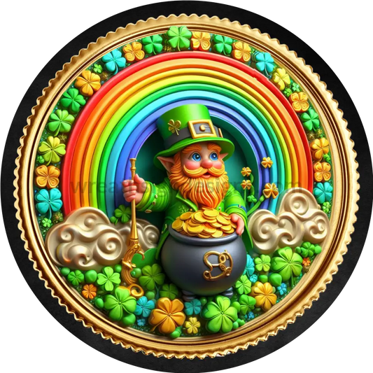 Faux 3D Leprechaun And His Pot Of Gold- Round Metal Sign 6