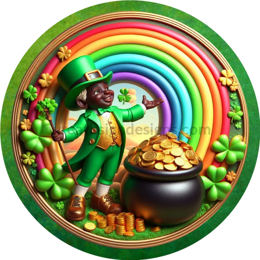 Faux 3D Leprechaun And His Pot Of Gold- Round Metal Sign 6