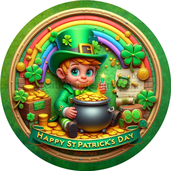 Faux 3D Leprechaun And His Pot Of Gold- Round Metal Sign 6