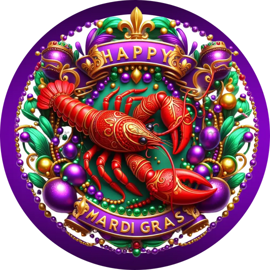 Faux 3D Mardi Gras Fleur De Lis With Crawfish Purple And Gold Metal Sign 6