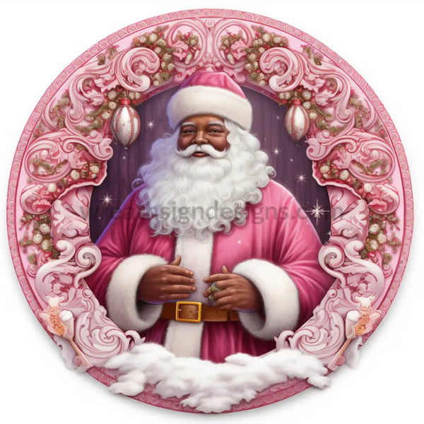 Faux 3D Pink African American Santa Christmas Round Wreath Sign 6