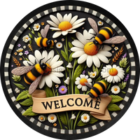 Faux 3D Welcome Bumblebees And Daisies Black Check Border Metal Sign 6
