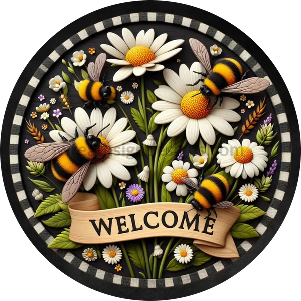 Faux 3D Welcome Bumblebees And Daisies Black Check Border Metal Sign 6