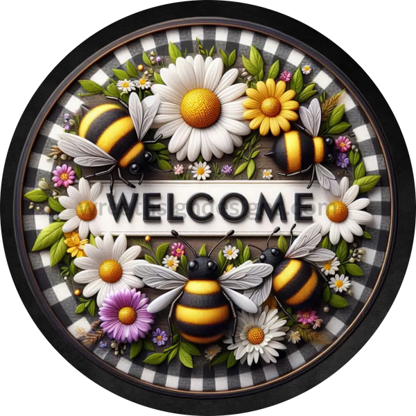 Faux 3D Welcome Bumblebees And Daisies Black Gingham Metal Sign 8