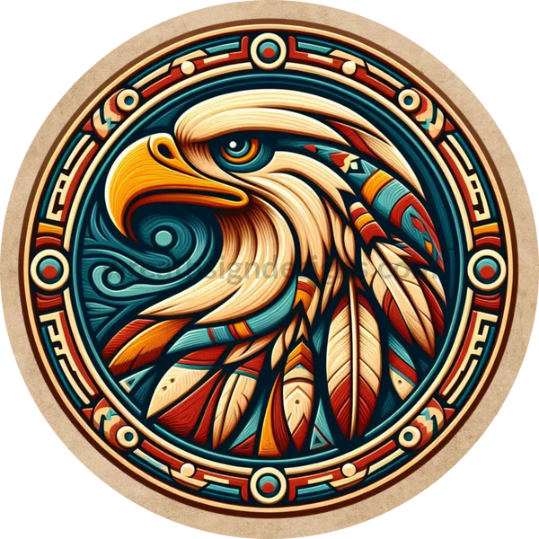 Faux Carved Wood Native American Eagle - Round Metal Wreath Sign