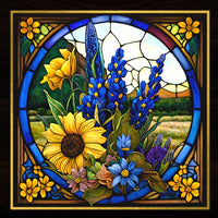 Faux Stained Glass Blue Bonnet And Sunflowers Metal Wreath Sign 8