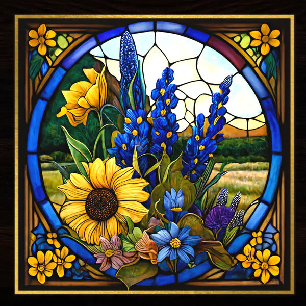 Faux Stained Glass Blue Bonnet And Sunflowers Metal Wreath Sign 8