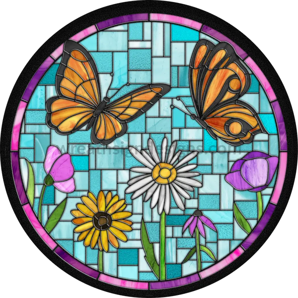 Faux -Stained Glass Butterfly Metal Wreath Sign 6 Circle