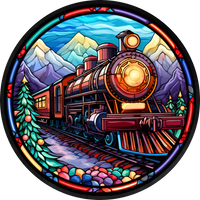 Faux Stained Glass Christmas Train- Round Metal Sign 8 Circle