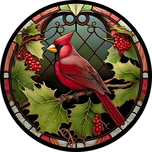 Faux Stained Glass Winter Cardinal With Holly Berries - Round Metal Christmas Sign 8 Circle