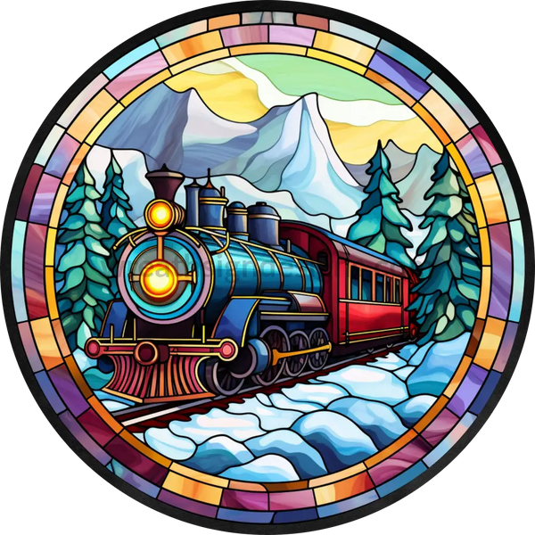 Faux Stained Glass Winter Train- Round Metal Christmas Sign 8 Circle