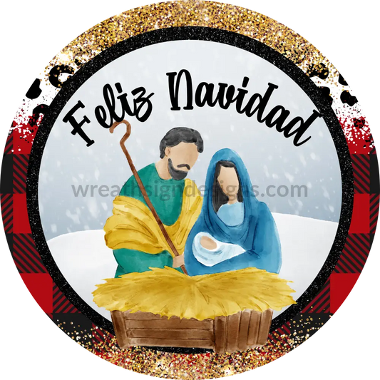 Feliz Navid-Nativity Scene Leopard And Buffalo Plaid Wreath Sign 8