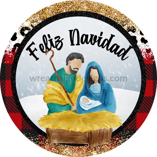 Feliz Navid-Nativity Scene Leopard And Buffalo Plaid Wreath Sign 8