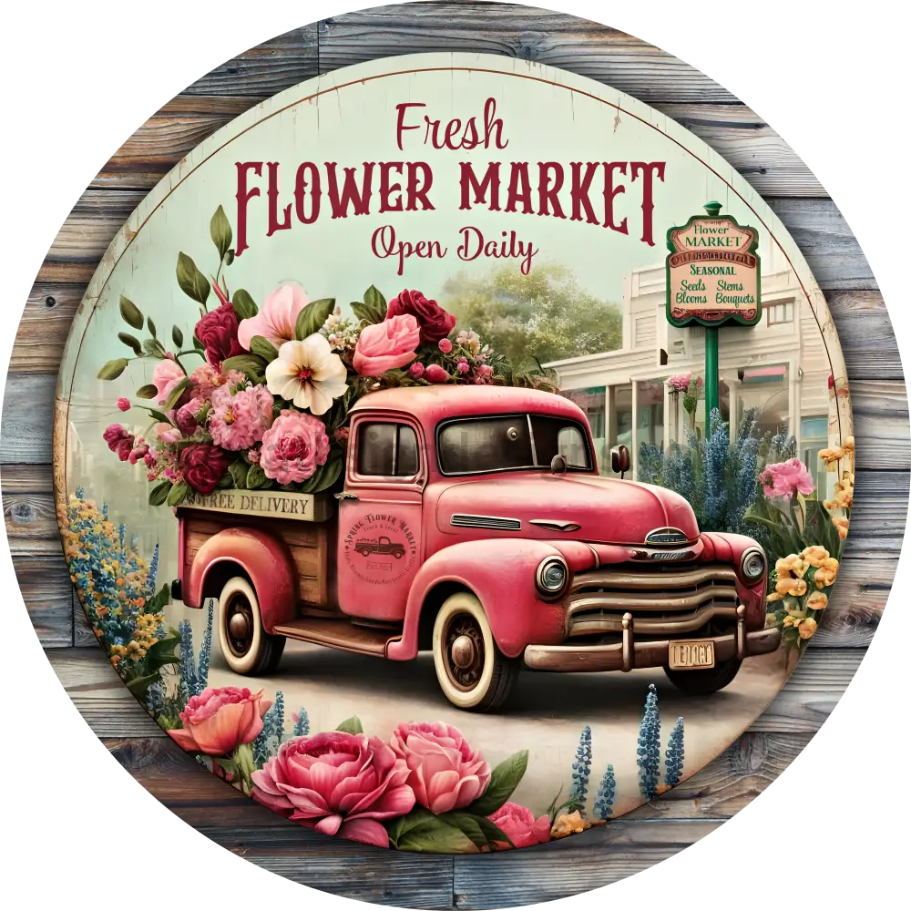 Fresh Flower Market Vintage Pink Truck Metal Sign 6