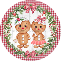 Gingerbread Boy & Girl Red Gingham Round Metal Wreath Sign 8