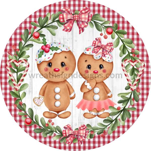 Gingerbread Boy & Girl Red Gingham Round Metal Wreath Sign 8