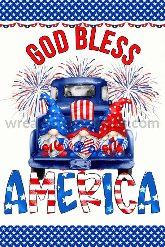 God Bless America Gnome Truck Blue 8X12 Metal Sign