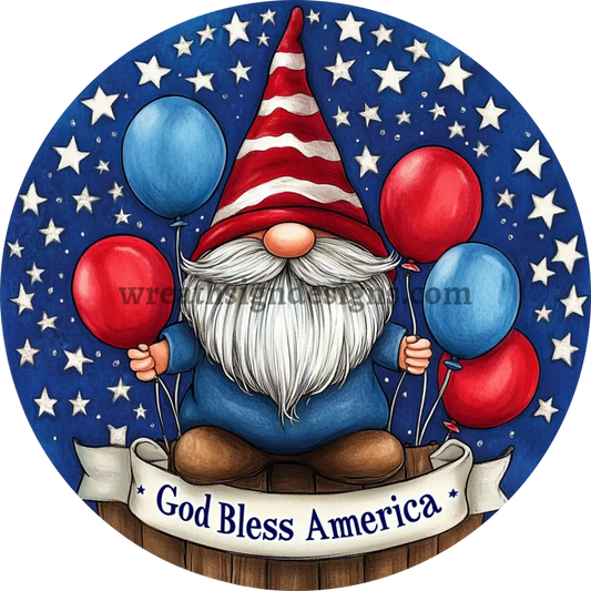 God Bless America Patriotic 4th of July Gnomes Stars-Patriotic Metal Wreath Sign MS-1206