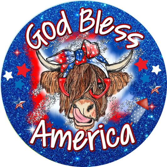 God Bless America Patriotic Highland Cow Metal Wreath Sign 6’