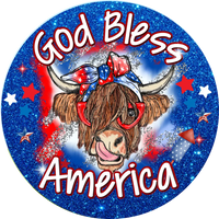 God Bless America Patriotic Highland Cow Metal Wreath Sign 6’